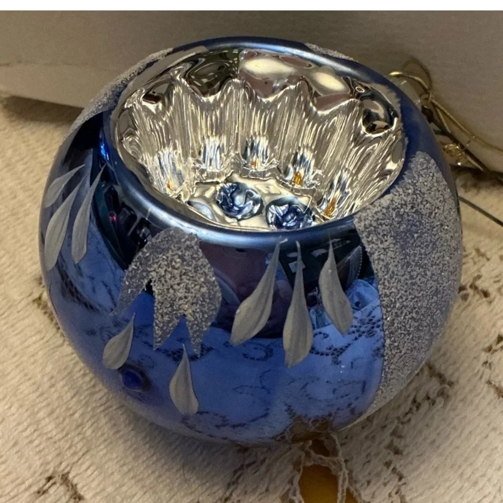 Vintage Blue Silver Indent Reflector Glass Christmas Ornament 2.5”